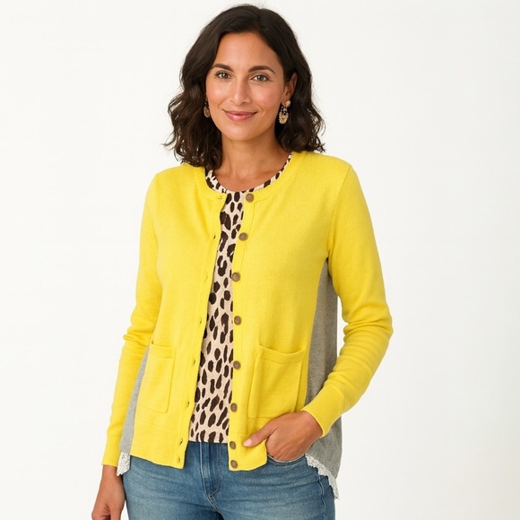 CAbi Love Carol Yellow & Gray Button-Up Cardigan With Lace Hem Women's Size S - Picture 1 of 12